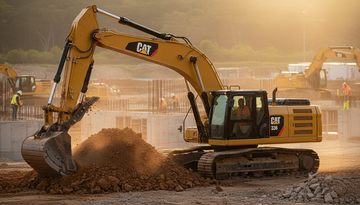 ALTYellow Caterpillar excavator working on construction site showing